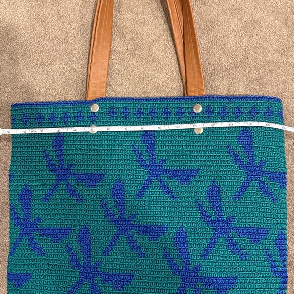 Blue Green Woven Tote Bag | Beach Shoulder Bag Boho Summer Market Purse - Picture 5 of 5